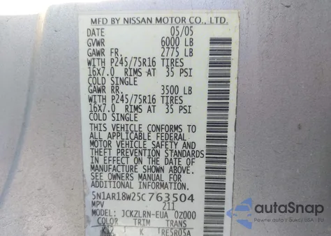 2005 Nissan Pathfinder Xe из США, поврежденный, VIN 5N1AR18W25C763504